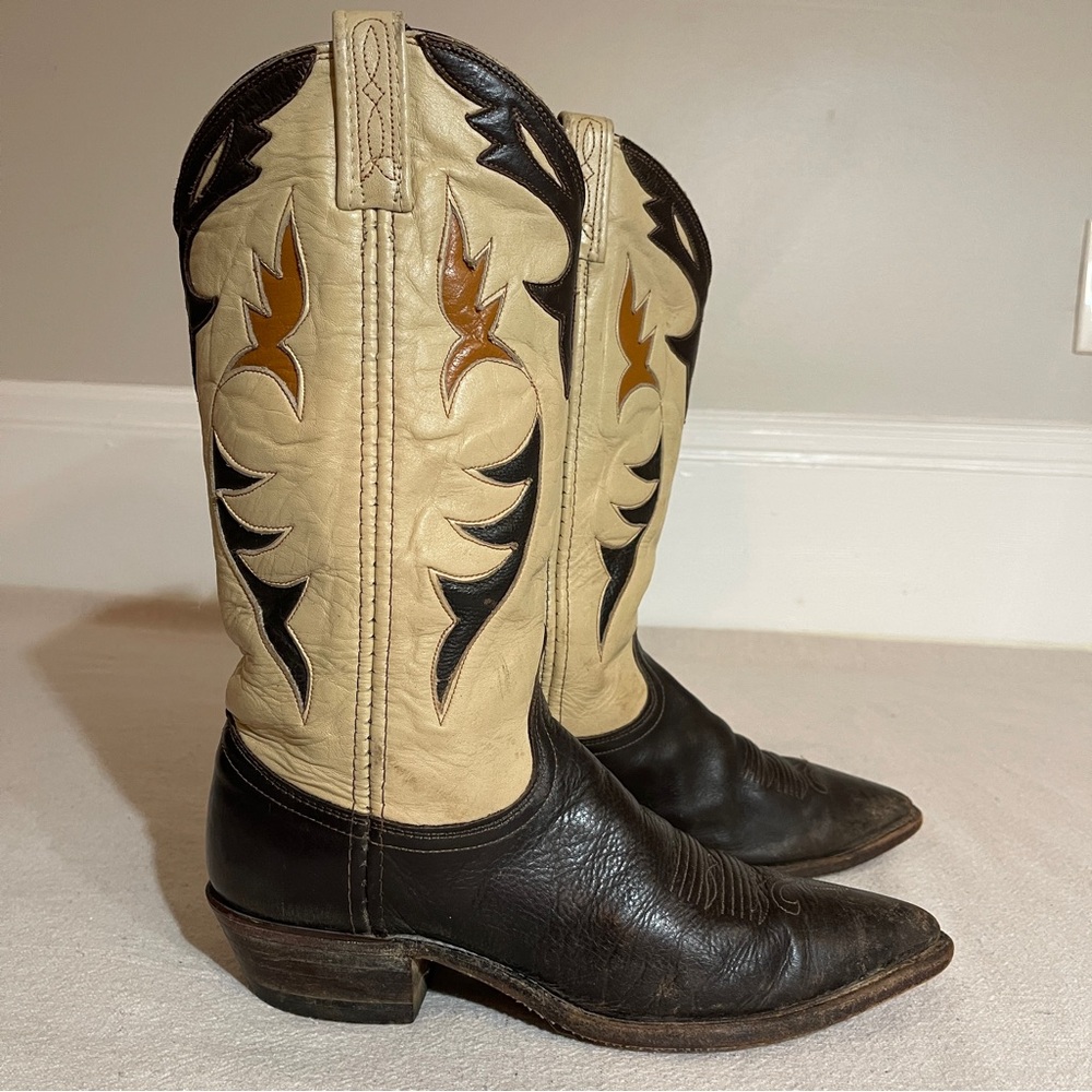 Vintage Dan Post Black Tan Brown Low Heeled Boots Classic Western, Size 7.5